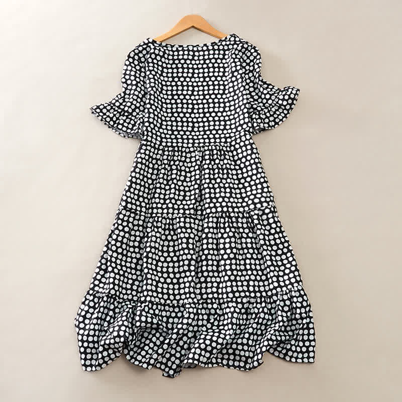 Buddha Stones Summer Elegant Polka Dot A Line Ruffle Hem Short Sleeve Knee Length Dress - image 7
