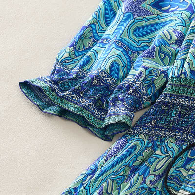 Buddha Stones Summer Peacock Paisley Tie Waist Viscose Lantern Sleeves Maxi Dress - image 4