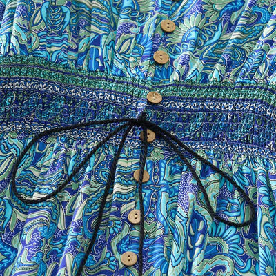 Buddha Stones Summer Peacock Paisley Tie Waist Viscose Lantern Sleeves Maxi Dress - image 3