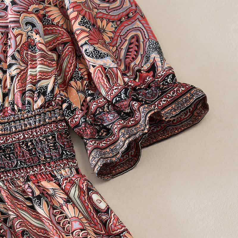 Buddha Stones Summer Peacock Paisley Tie Waist Viscose Lantern Sleeves Maxi Dress - image 15