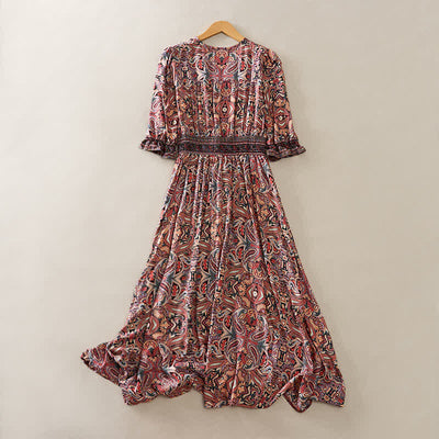 Buddha Stones Summer Peacock Paisley Tie Waist Viscose Lantern Sleeves Maxi Dress - image 9
