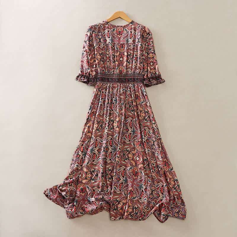 Buddha Stones Summer Peacock Paisley Tie Waist Viscose Lantern Sleeves Maxi Dress - image 9