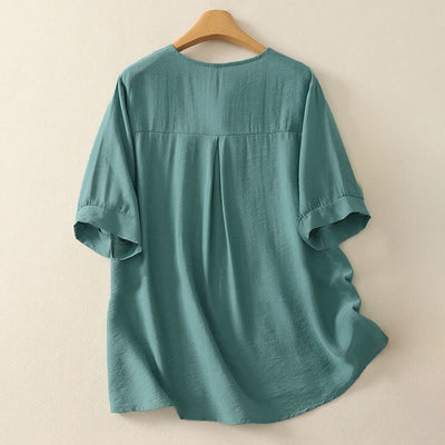 Buddha Stones Summer Mountain Embroidered Crew Neck Women's Short Sleeve Shirt - image 1