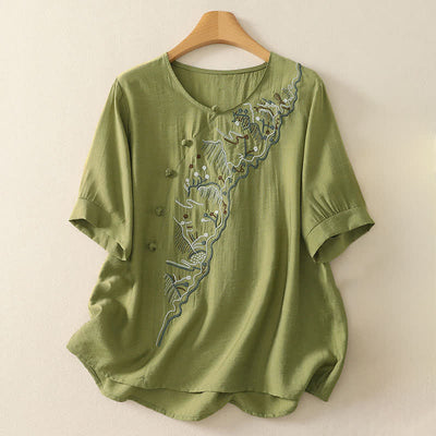 Buddha Stones Summer Mountain Embroidered Crew Neck Women's Short Sleeve Shirt - YellowGreen - US12，UK/AU16，EU44 (3XL) - image 10