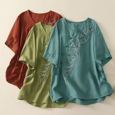 Buddha Stones Summer Mountain Embroidered Crew Neck Women's Short Sleeve Shirt - image 20