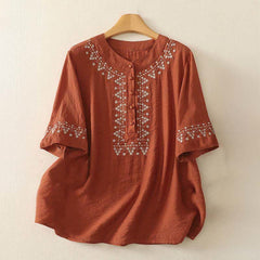 Buddha Stones Spring Embroidered Cotton Half Buttons Women's Short Sleeve Shirt - Tomato - US8-10，UK/AU12-14，EU40-42 (2XL) - image 0