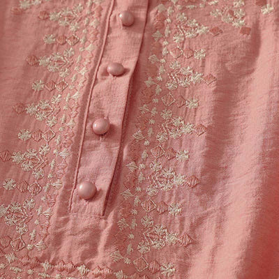 Buddha Stones Spring Embroidered Cotton Half Buttons Women's Short Sleeve Shirt - image 9