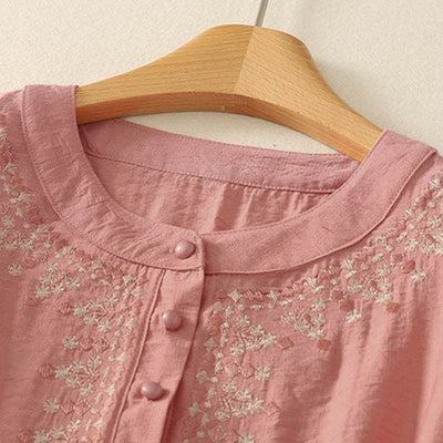 Buddha Stones Spring Embroidered Cotton Half Buttons Women's Short Sleeve Shirt - image 7