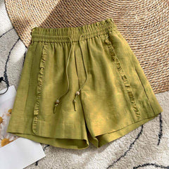 Buddha Stones Summer Drawstring Ruffle Elastic Waist Women's Shorts With Pockets - OliveDrab - US8-10，UK/AU12-14，EU40-42 (2XL) - image 0