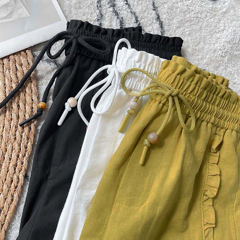 Buddha Stones Summer Drawstring Ruffle Elastic Waist Women's Shorts With Pockets - image 29
