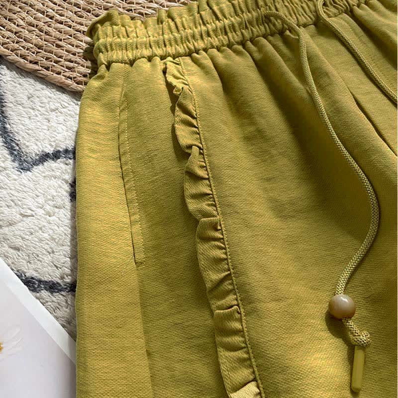 Buddha Stones Summer Drawstring Ruffle Elastic Waist Women's Shorts With Pockets - image 3