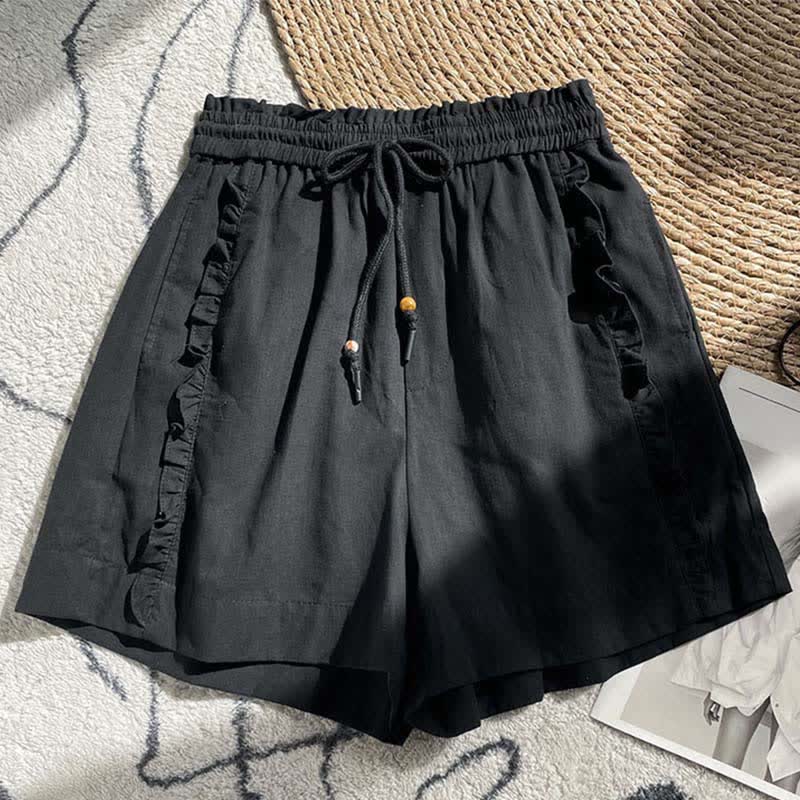Buddha Stones Summer Drawstring Ruffle Elastic Waist Women's Shorts With Pockets - Black - US8-10，UK/AU12-14，EU40-42 (2XL) - image 7