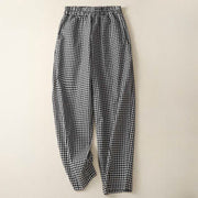 Foviel Summer Plaid Elastic Waist Cropped Women's Tapered Pants With Pockets