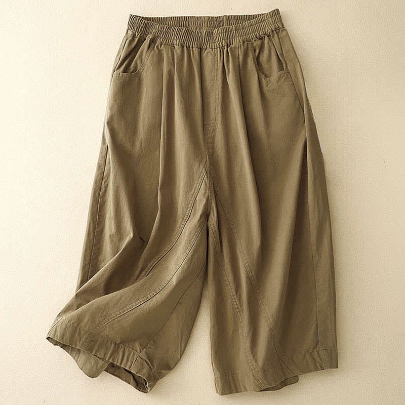 Buddha Stones Summer Cotton Elastic Waist Women's Half Pants With Pockets - DarkKhaki - US8-10，UK/AU12-14，EU40-42 (2XL) - image 0