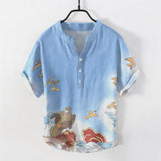 Foviel Cotton Ocean Bird Wave Rock Print Men's Short Sleeve Half Button Shirt