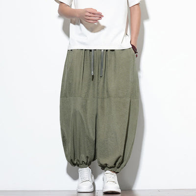 Buddha Stones Spring Solid Color Drawstring Cropped Men's Harem Cotton Pants With Pockets - image 33