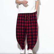 Foviel Summer Plaid Pattern High Waist Drawstring Men's Harem Pants With Pockets