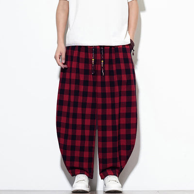 Buddha Stones Summer Plaid Pattern High Waist Drawstring Men's Harem Pants With Pockets - image 20