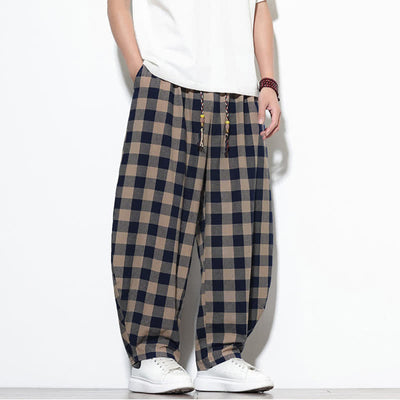 Buddha Stones Summer Plaid Pattern High Waist Drawstring Men's Harem Pants With Pockets - image 29