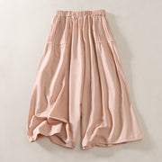 Foviel Summer Pleated Design Elastic Waistband Cropped Women's Wide Leg Pants With Pockets