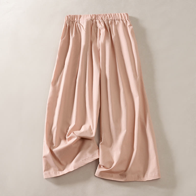 Buddha Stones Summer Pleated Design Elastic Waistband Cropped Women's Wide Leg Pants With Pockets - image 1