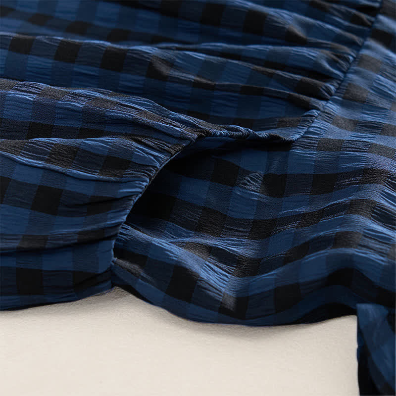 Buddha Stones Summer MidnightBlue Checked  A-line Pleated Crew Neck Knee Length Women's Short Sleeve Dress - image 8