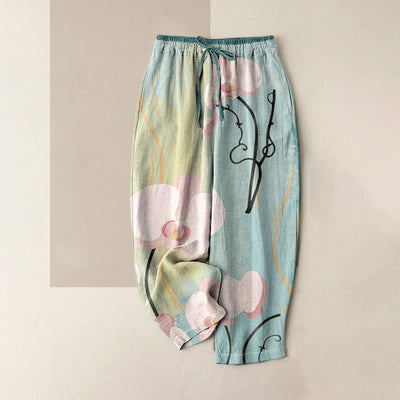Buddha Stones Cotton Orchid Print Drawstring Women's Elastic Waist Pants With Pockets - PowderBlue - US16，UK/AU20，EU48 (3XL) - image 0