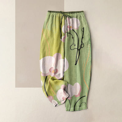 Buddha Stones Cotton Orchid Print Drawstring Women's Elastic Waist Pants With Pockets - DarkSeaGreen - US16，UK/AU20，EU48 (3XL) - image 3