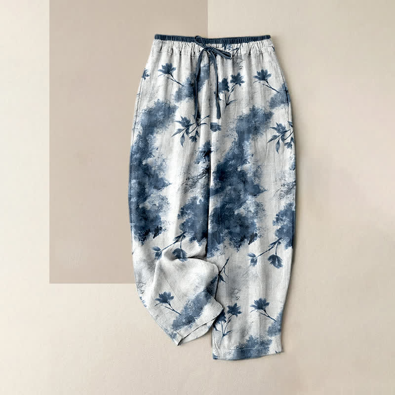 Buddha Stones Ink Wash Painting Floral Elastic Drawstring Women's Pure Cotton Pants With Pockets - SteelBlue - US16，UK/AU20，EU48 (3XL) - image 3