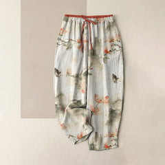 Buddha Stones Pure Cotton Butterfly Flowers Pattern Print Women's Pants With Pockets - Linen - US16，UK/AU20，EU48 (3XL) - image 0