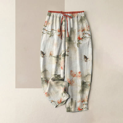 Buddha Stones Pure Cotton Butterfly Flowers Pattern Print Women's Pants With Pockets - Linen - US16，UK/AU20，EU48 (3XL) - image 0