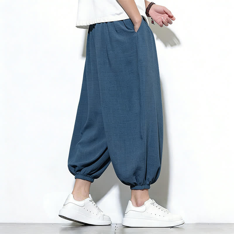 Buddha Stones Spring Solid Color Drawstring Elastic Design Men's Harem Capri Pants - image 38