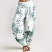 Foviel Pure Cotton Lotus Flowers Fans Calligraphy Women's Harem Elastic Waist Pants