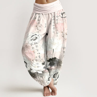 Buddha Stones Pure Cotton Lotus Flowers Fans Calligraphy Women's Harem Elastic Waist Pants - LavenderBlush - US16，UK/AU20，EU48 (3XL) - image 8