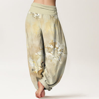 Buddha Stones Crane Blooming Flowers High Waist Women's Harem Pure Cotton Pants - image 9