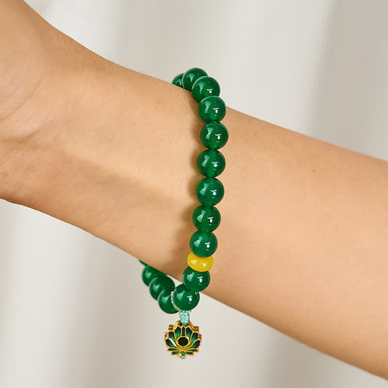 Buddha Stones Natural Green Agate Yellow Agate Lotus Charm Success Beaded Bracelet - image 3