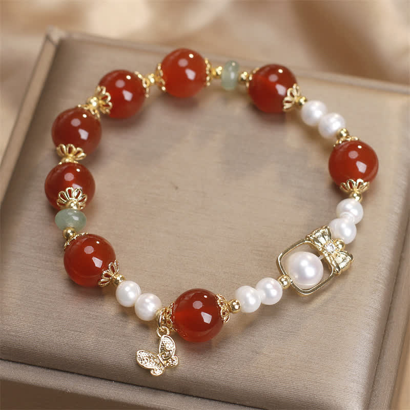 Buddha Stones Natural Red Agate Pearl Butterfly Self-acceptance Bracelet - image 2