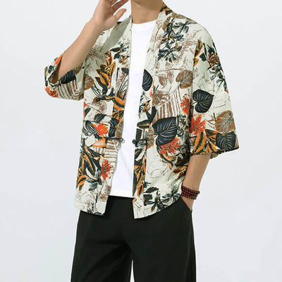 Buddha Stones Summer Tropical Leaf Print Linen Blend Men's Short Sleeve Kimono - image 2