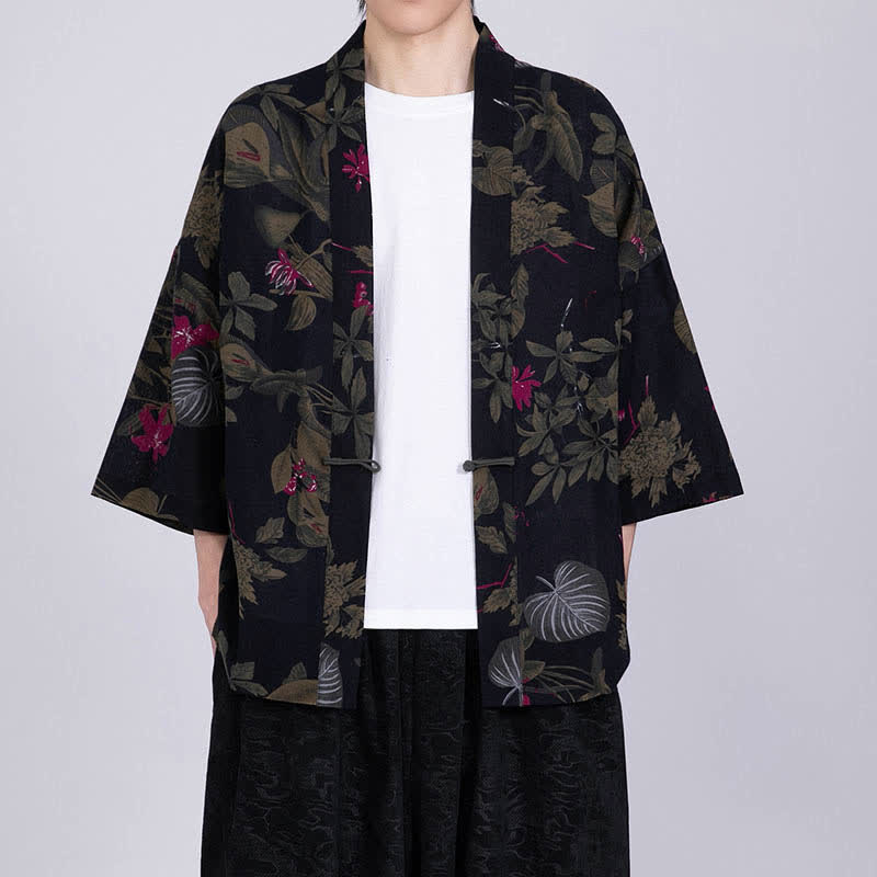 Buddha Stones Summer Tropical Leaf Print Linen Blend Men's Short Sleeve Kimono - Black - US/UK/AU46，EU56 (5XL) - image 11