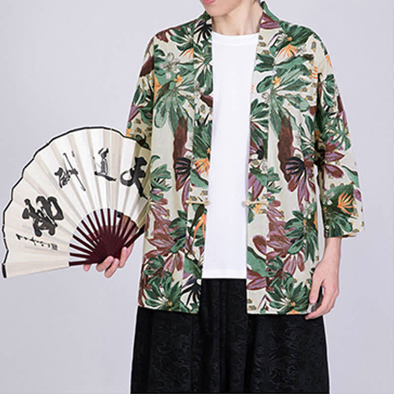Buddha Stones Summer Tropical Leaf Print Linen Blend Men's Short Sleeve Kimono - image 6