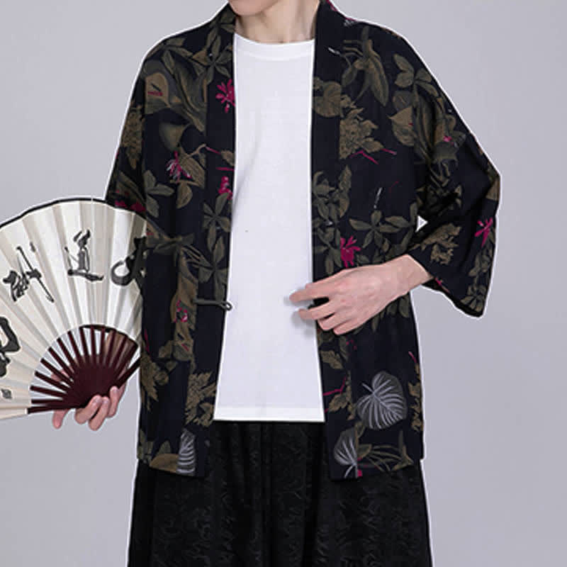 Buddha Stones Summer Tropical Leaf Print Linen Blend Men's Short Sleeve Kimono - image 12