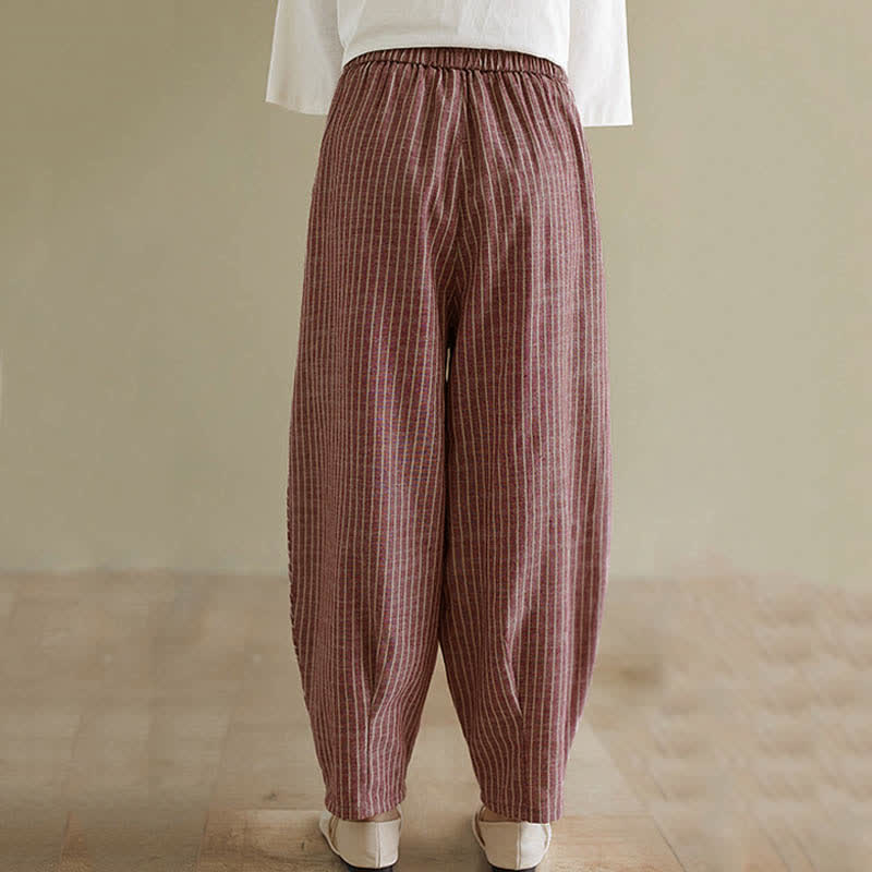 Buddha Stones Summer Casual Striped Linen Cotton Women's Tapered Pants With Pockets - image 13