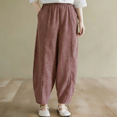 Buddha Stones Summer Casual Striped Linen Cotton Women's Tapered Pants With Pockets - IndianRed - US8-10，UK/AU12-14，EU40-42 (2XL) - image 10