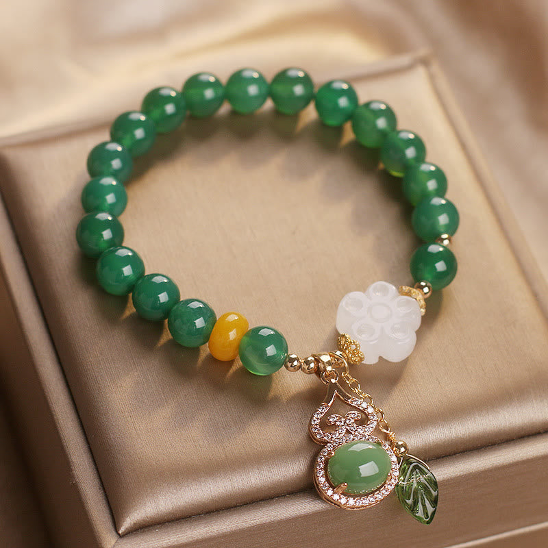 Buddha Stones Green Agate White Jade Flower Gourd Leaf Charm Support Bracelet - image 4