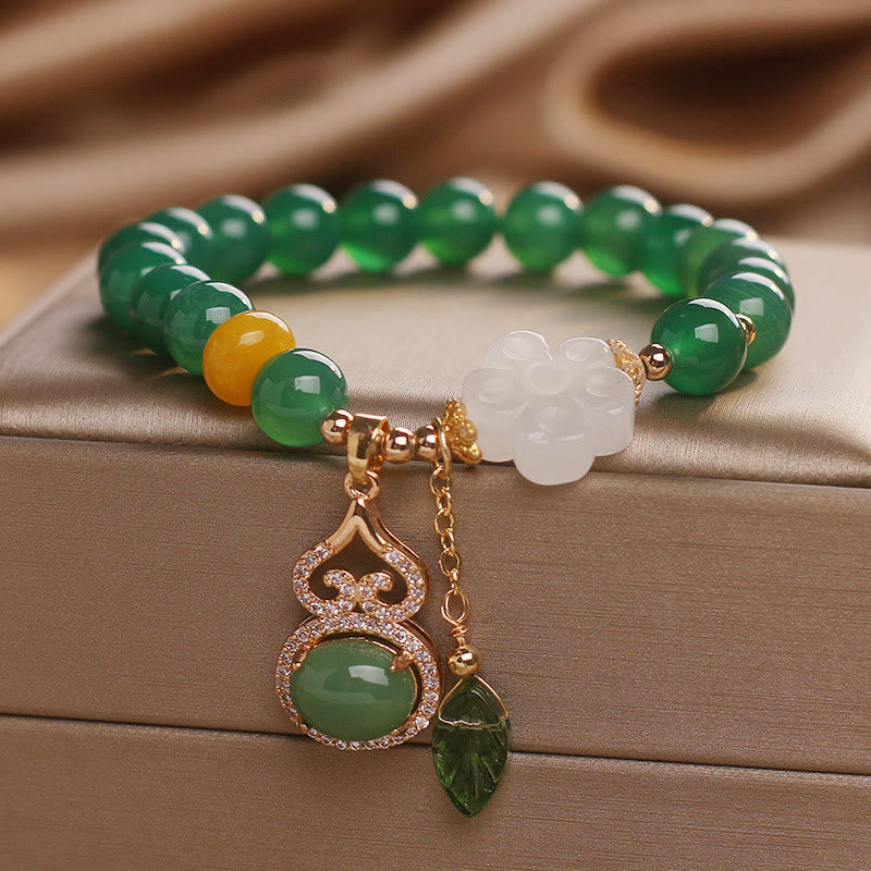 Buddha Stones Green Agate White Jade Flower Gourd Leaf Charm Support Bracelet - Green Agate(Wrist Circumference 15-16cm) - image 0