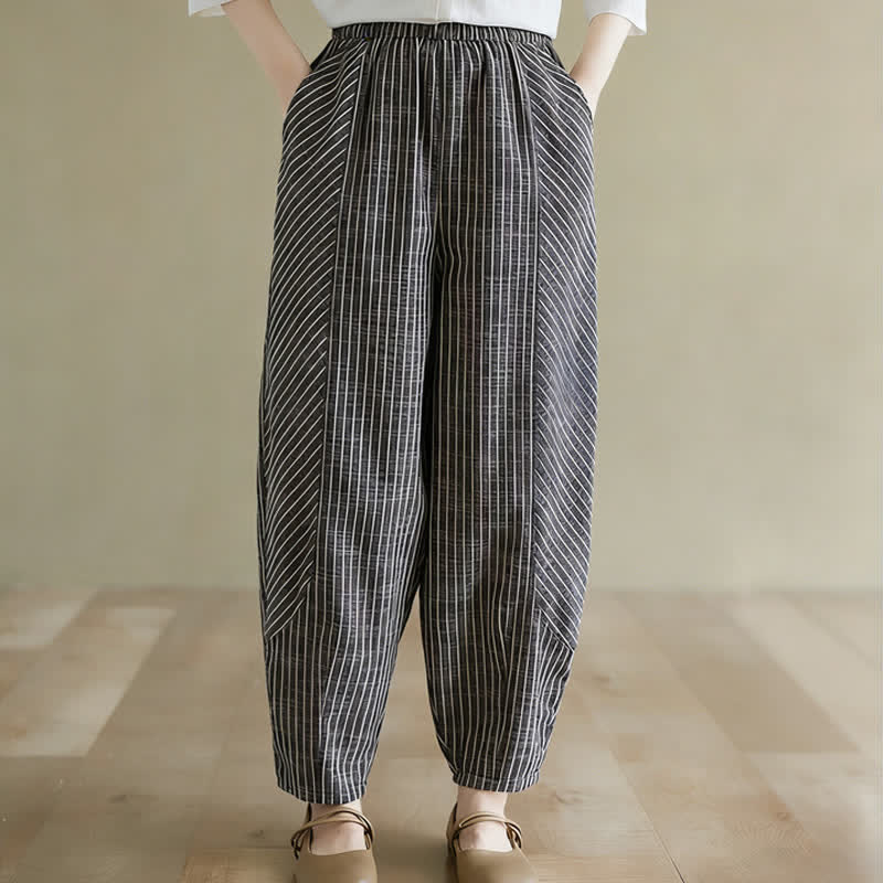 Buddha Stones Summer Casual Striped Linen Cotton Women's Tapered Pants With Pockets - image 2