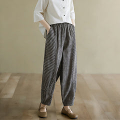 Buddha Stones Summer Casual Striped Linen Cotton Women's Tapered Pants With Pockets - Black - US8-10，UK/AU12-14，EU40-42 (2XL) - image 0