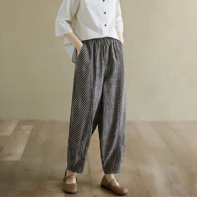 Buddha Stones Summer Casual Striped Linen Cotton Women's Tapered Pants With Pockets - Black - US8-10，UK/AU12-14，EU40-42 (2XL) - image 0