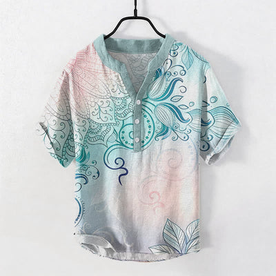 Buddha Stones Cotton Mandala Floral Emblem Men's Short Sleeve Half Button Shirt - MediumTurquoise - US/UK/AU50，EU60 (5XL) - image 0