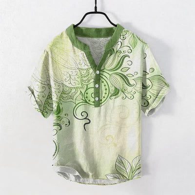Buddha Stones Cotton Mandala Floral Emblem Men's Short Sleeve Half Button Shirt - YellowGreen - US/UK/AU50，EU60 (5XL) - image 3